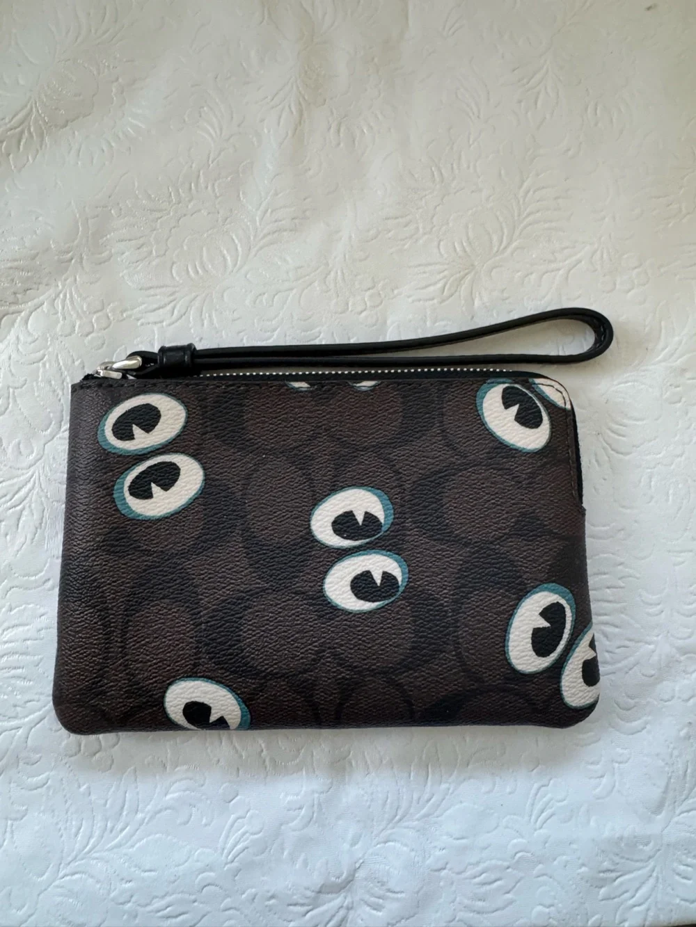Coach Halloween Brown Signature Canvas Wristlet with White and Teal Eyes